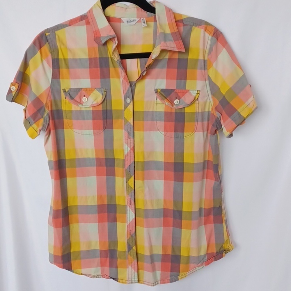 Woolrich Plaid Button-Up Short Sleeve Shirt, Pink, Gold, M, 21" PTP, 26" L